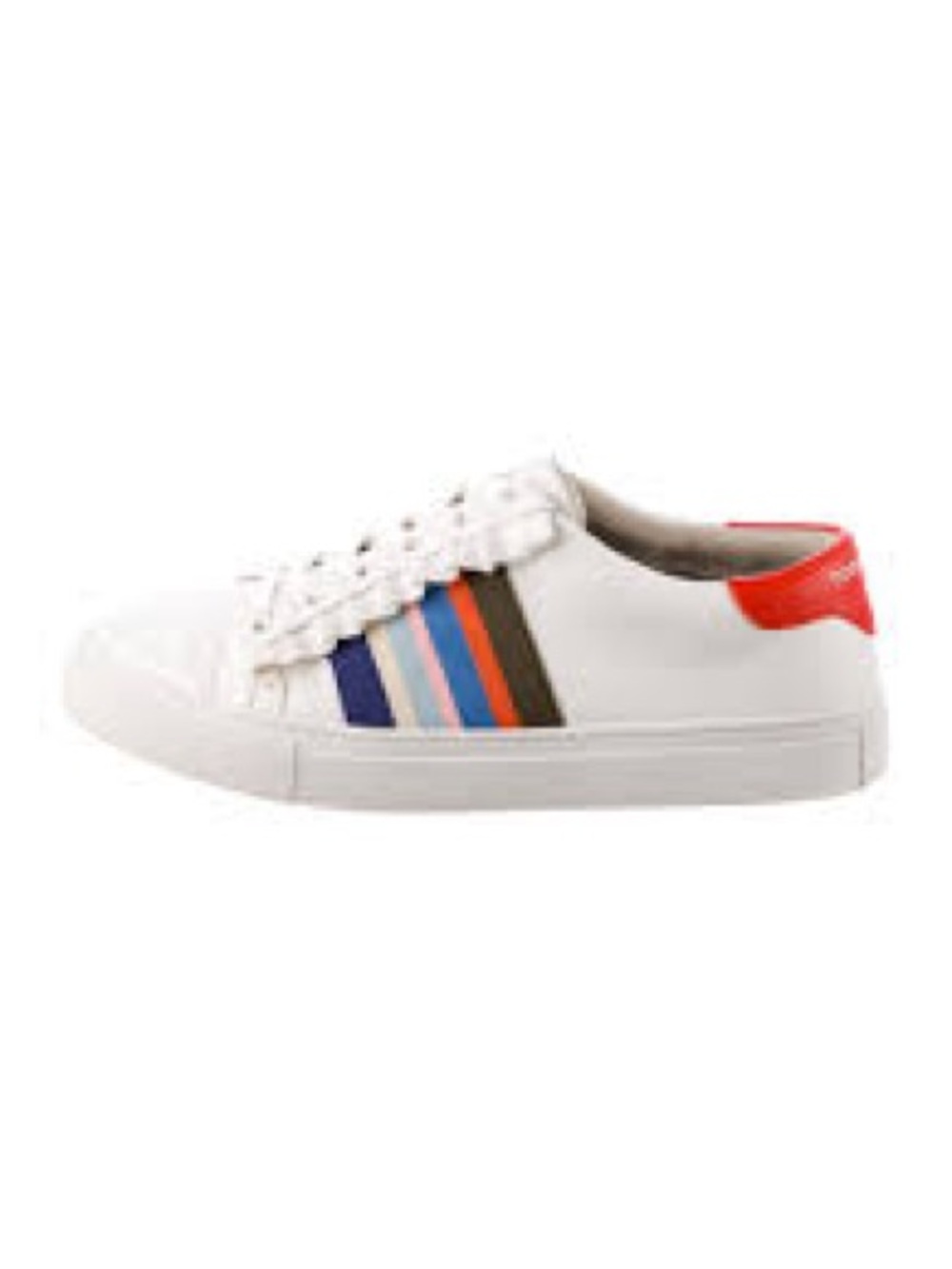 Tory Burch White Leather Sneakers with Multicolor‎ Stripes and Red Heel